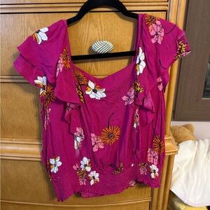 Ana brand large pink floral blouse short sleeve top with a square neckline.